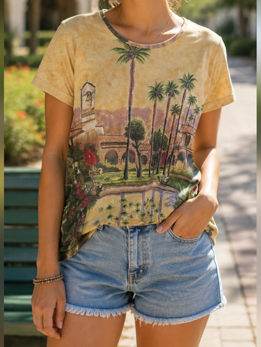 Y2K Vintage Bellissima Scenic Palm Tree Graphic Tee 100% Cotton Boho Art Resort